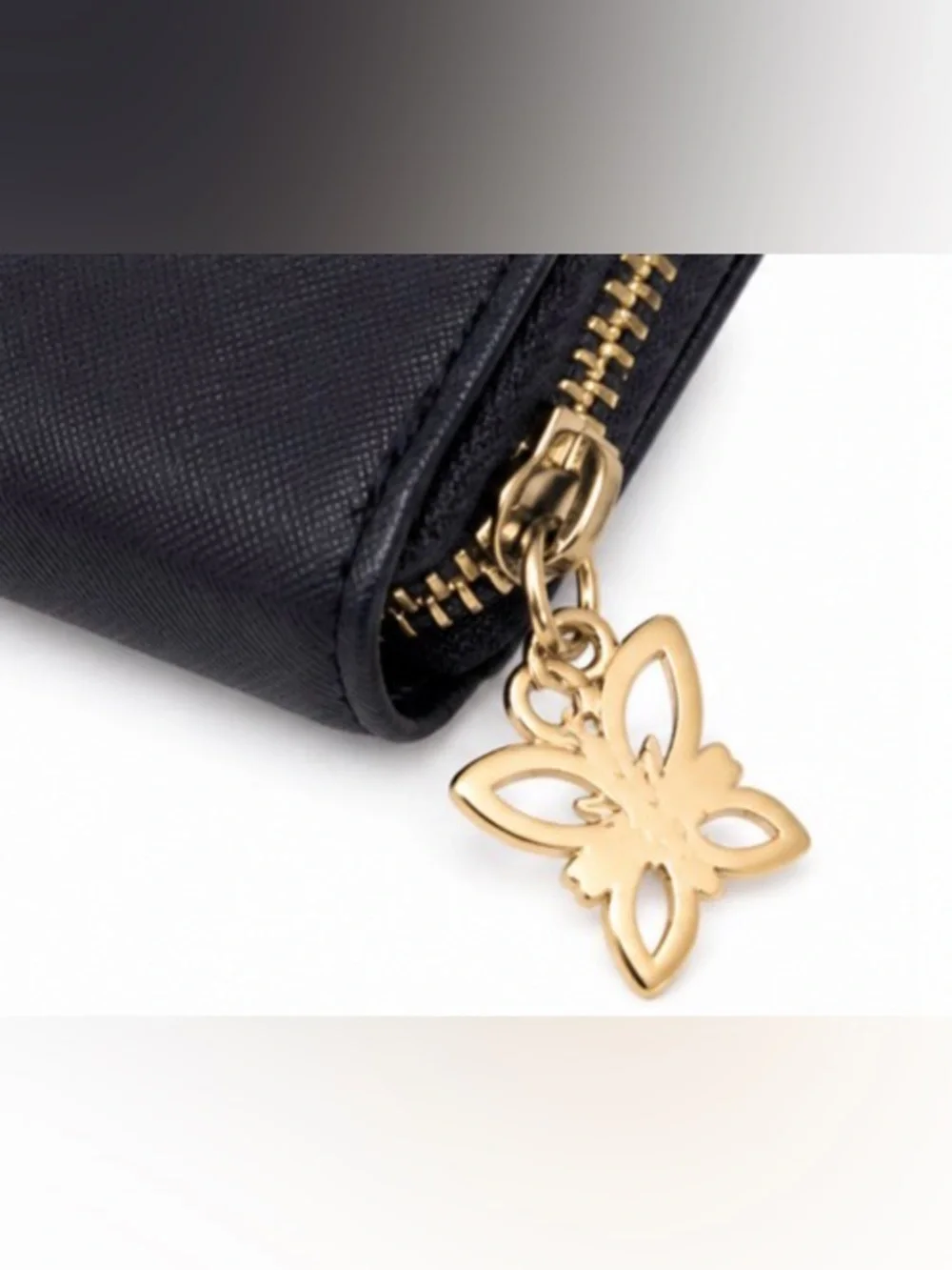 BCBG Generation Navy Zip Around Wallet Gold Hardware Butterfly Charm